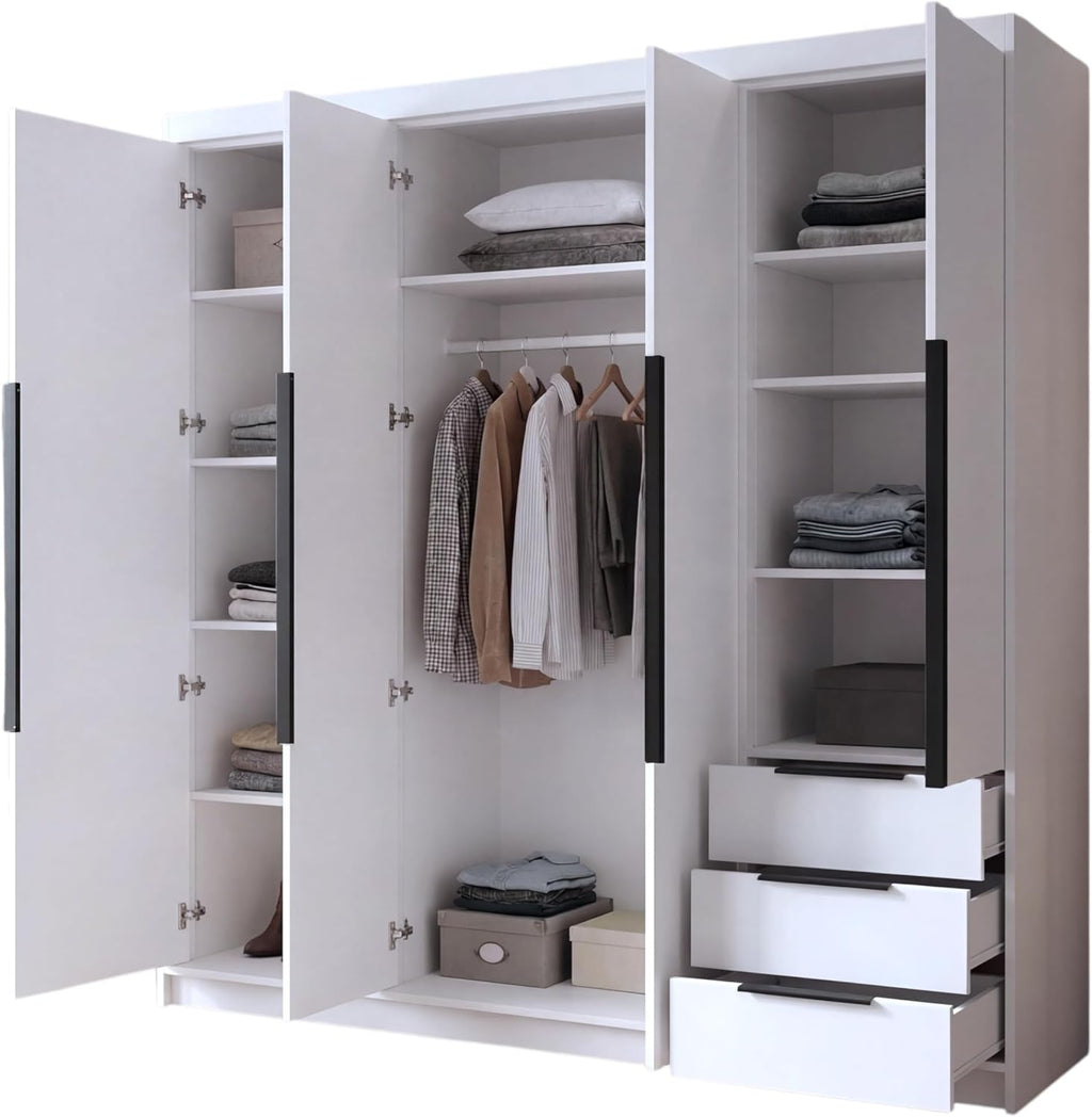 A&J MöbelLand VIVO Armario 4 Puertas con Espejo y Cajones 200 x 215 cm, Blanco