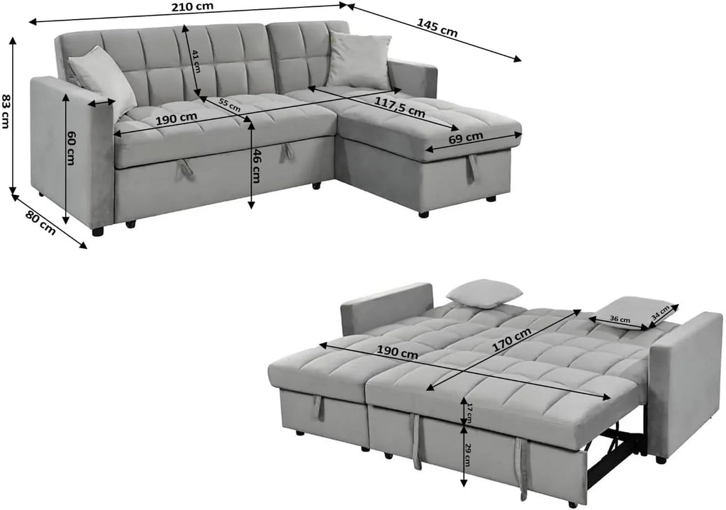 IBERA HOME Kris Sofá Cama Chaise Longue Reversible 210 x 145 cm con Arcón, Terciopelo Gris