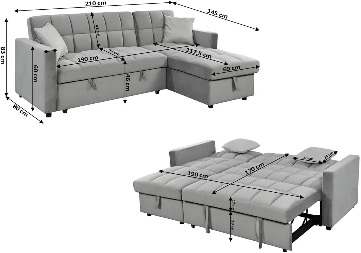 IBERA HOME Kris Sofá Cama Chaise Longue Reversible 210 x 145 cm con Arcón, Terciopelo Gris