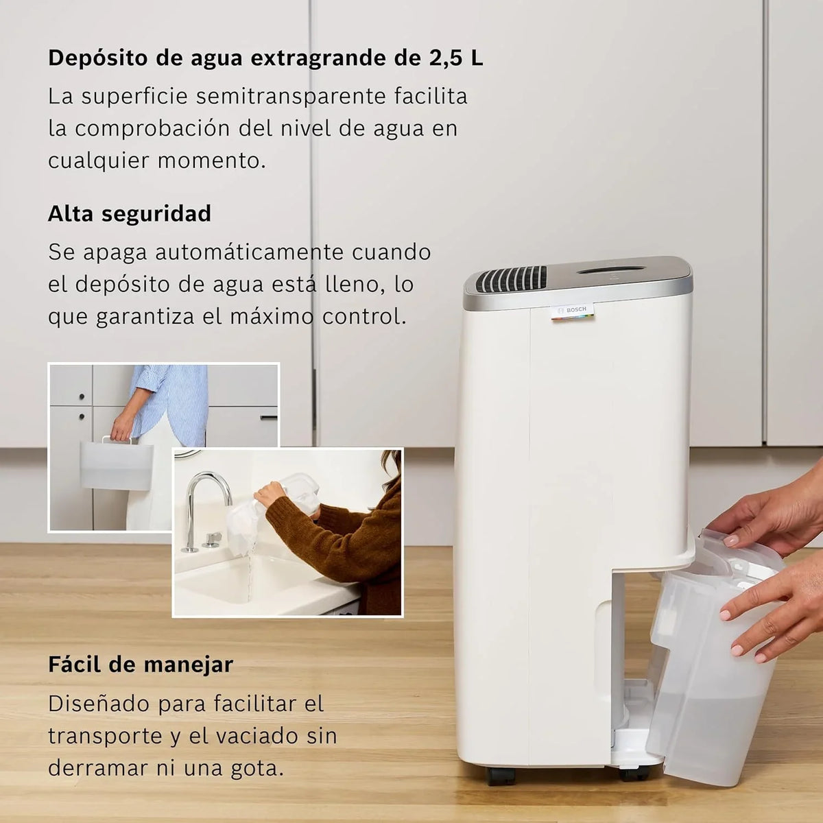 Bosch Dry 4000 Deshumidificador Silencioso 16 L/día hasta 33 m², Depósito 2,5 L, Modo Ropa
