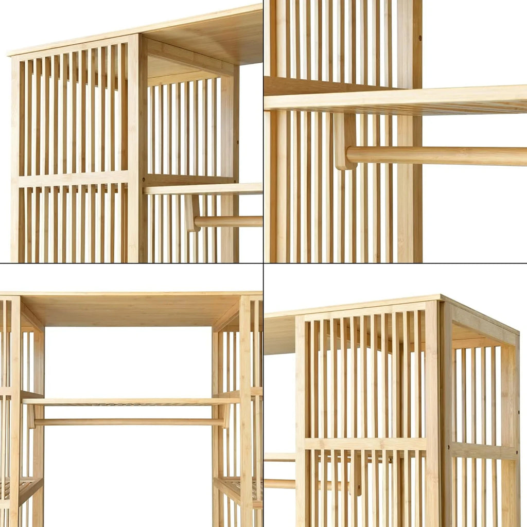 [en.casa] Armario de Bambú con 2 Puertas Correderas, 12 Estantes y Barra 185 x 140 x 45 cm Natural