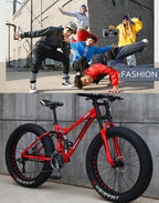 Bicicleta de Montaña Fat Tire 26" 21 Velocidades, Doble Suspensión y Doble Freno de Disco, Roja