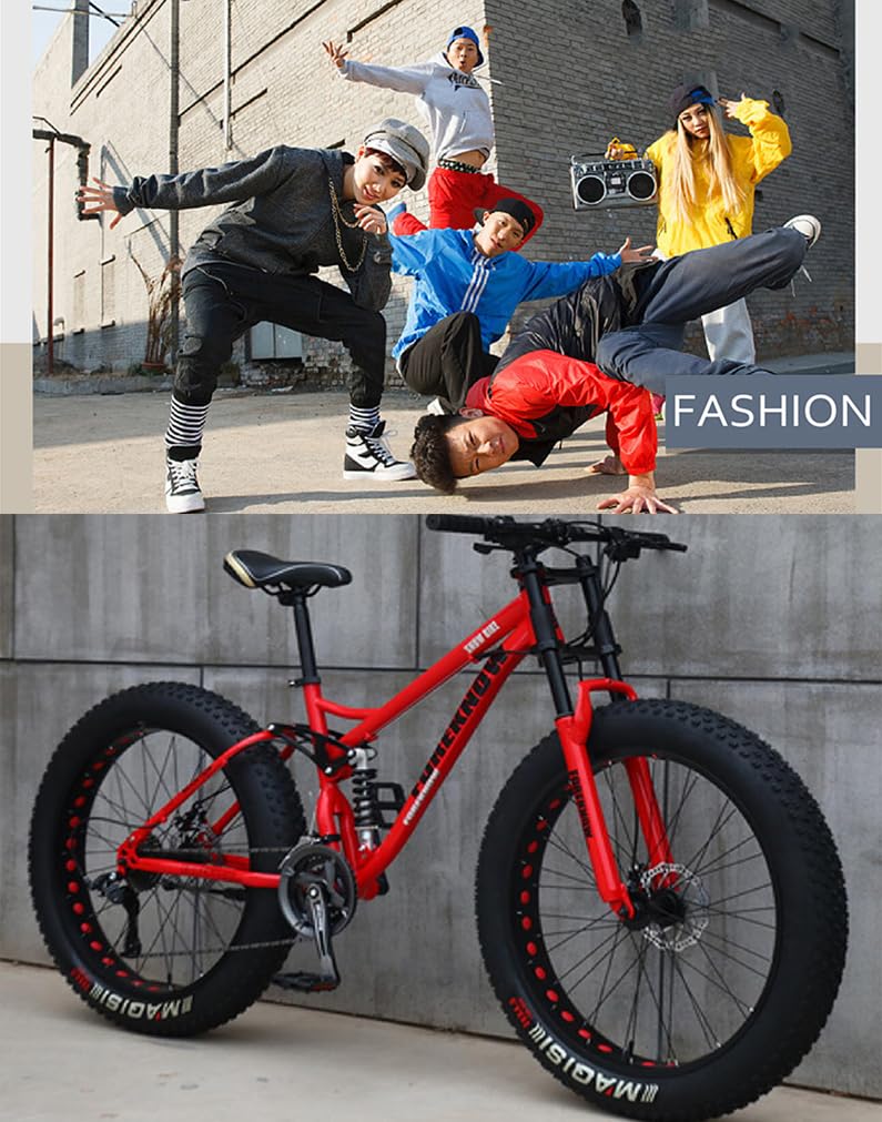 Bicicleta de Montaña Fat Tire 26" 21 Velocidades, Doble Suspensión y Doble Freno de Disco, Roja