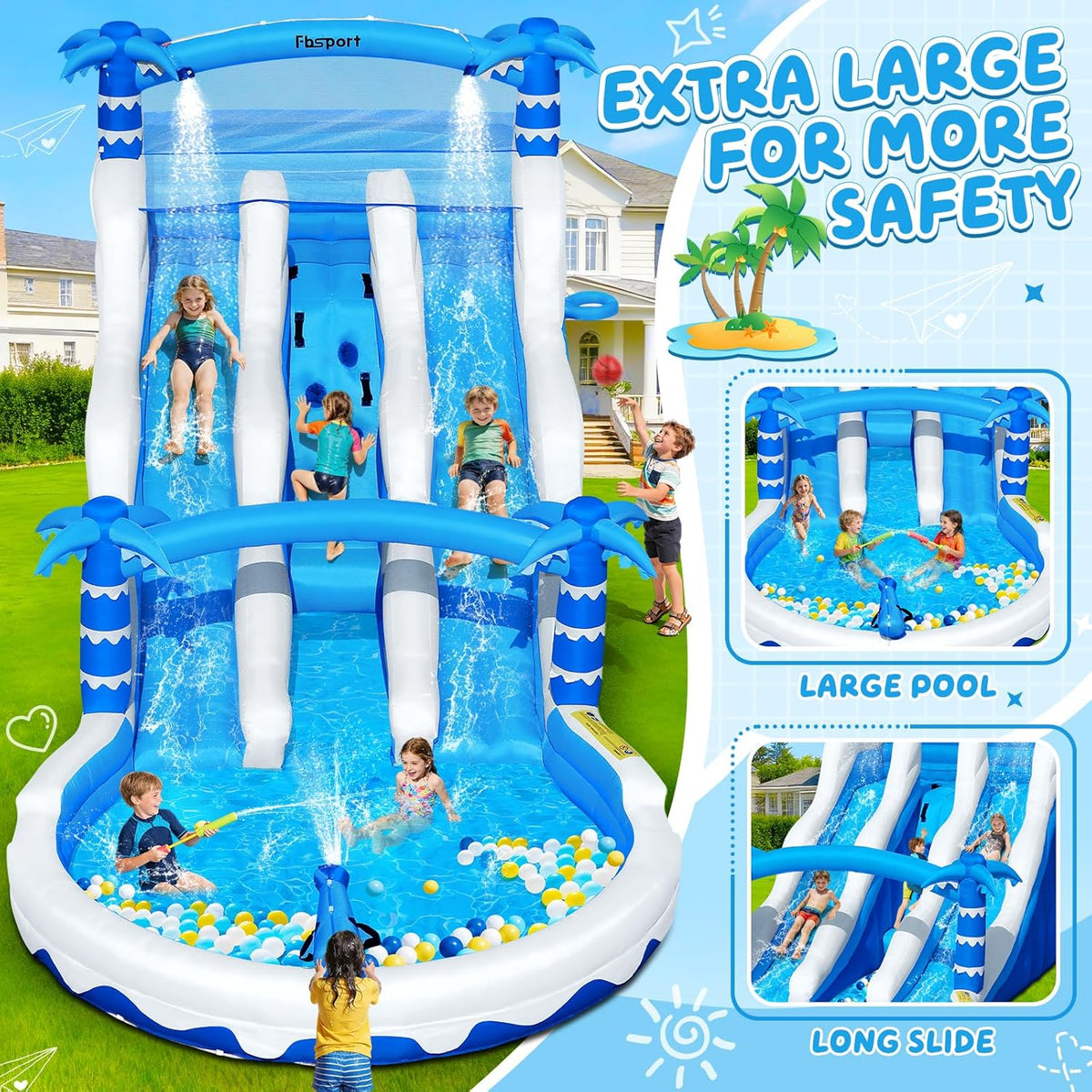 Castillo Hinchable XXL con 2 Toboganes de Agua, Piscina y Rocódromo, 630 x 290 x 285 cm