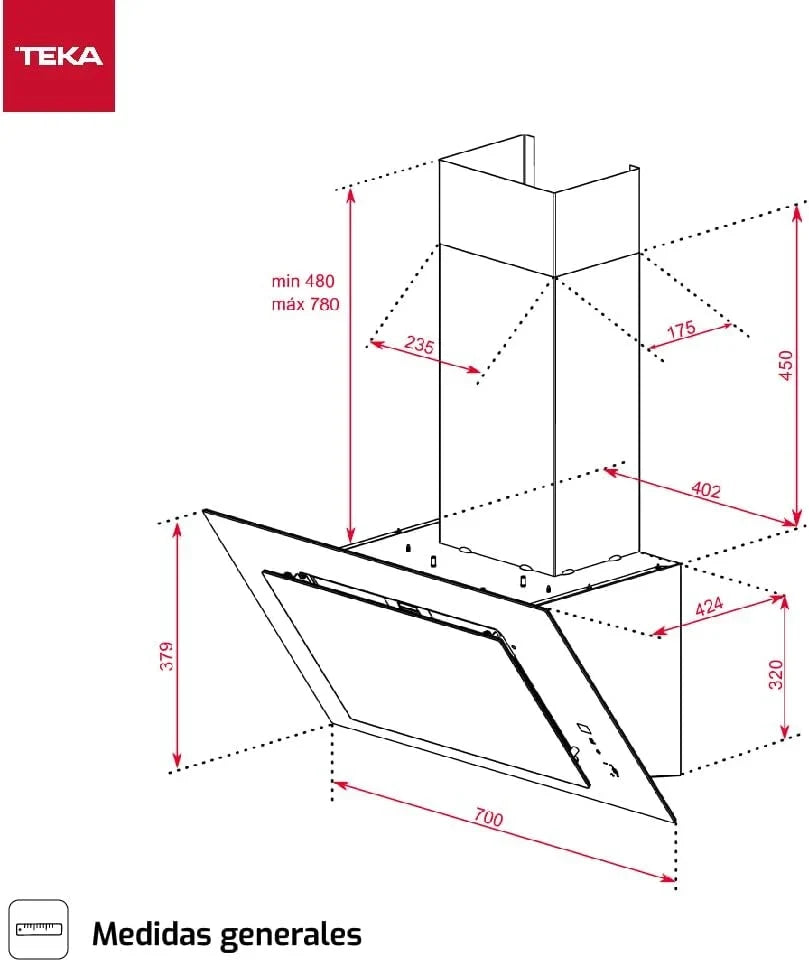 TEKA DVT 78660 TBS Campana Decorativa Vertical 70 cm, Aspiración Perimetral, Motor EcoPower, Negra