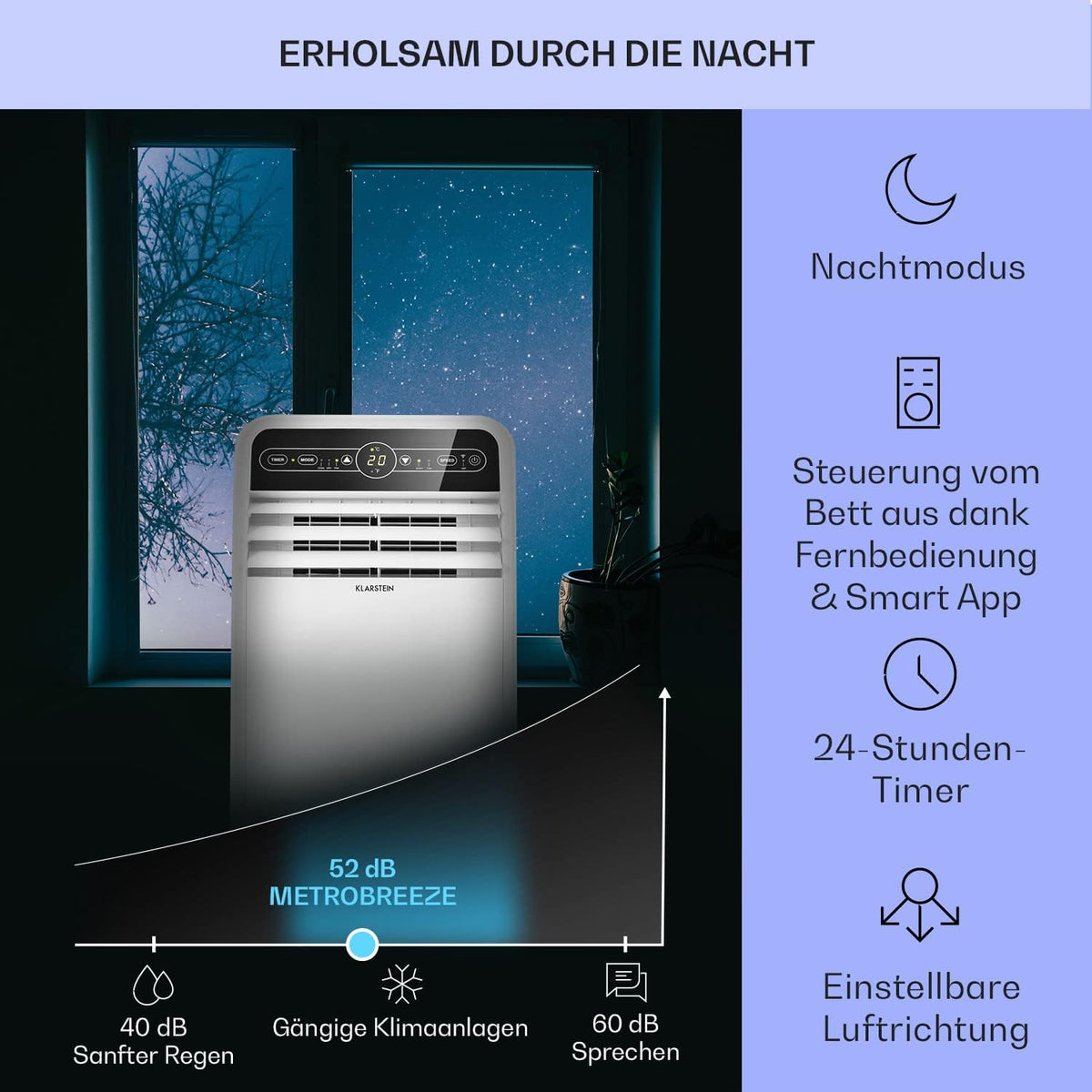 Klarstein Aire Acondicionado Portátil 4 en 1 con Modo Noche y Bajo Consumo, hasta 12000 BTU