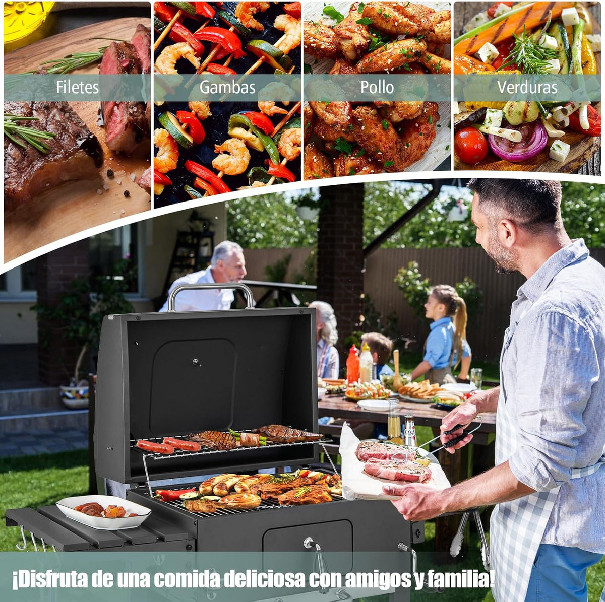 COSTWAY Barbacoa de Carbón XXL 128 x 54 x 117 cm con Tapa, Termómetro, Mesas Plegables y Ruedas