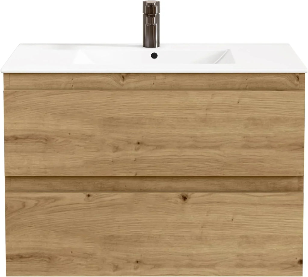 BELLOBATH Mueble de Baño Suspendido 80 cm con Lavabo de Cerámica y 2 Cajones, Roble