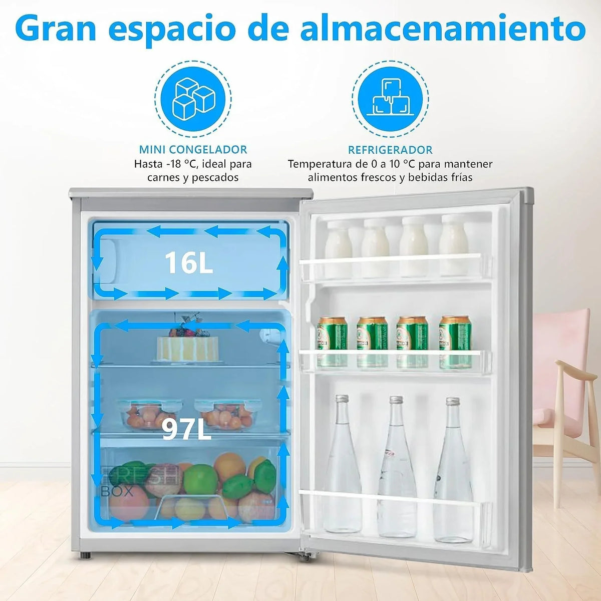 Midea MDRD168FGE01 Mini Frigorífico 113 L con Congelador, Bajo Encimera, Silencioso 39 dB, Blanco