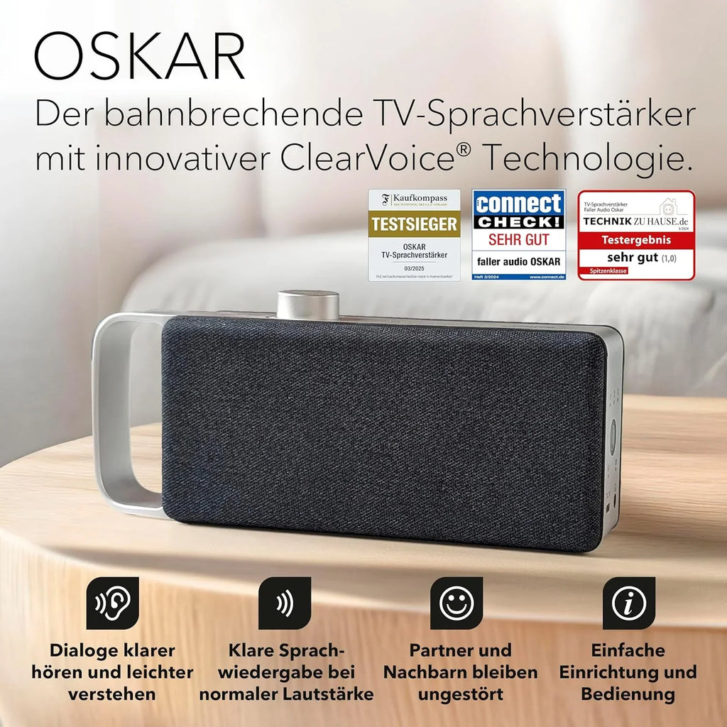faller Oskar Altavoz de TV Inalámbrico con Clear Voice, Batería de 16 h y Base de Carga