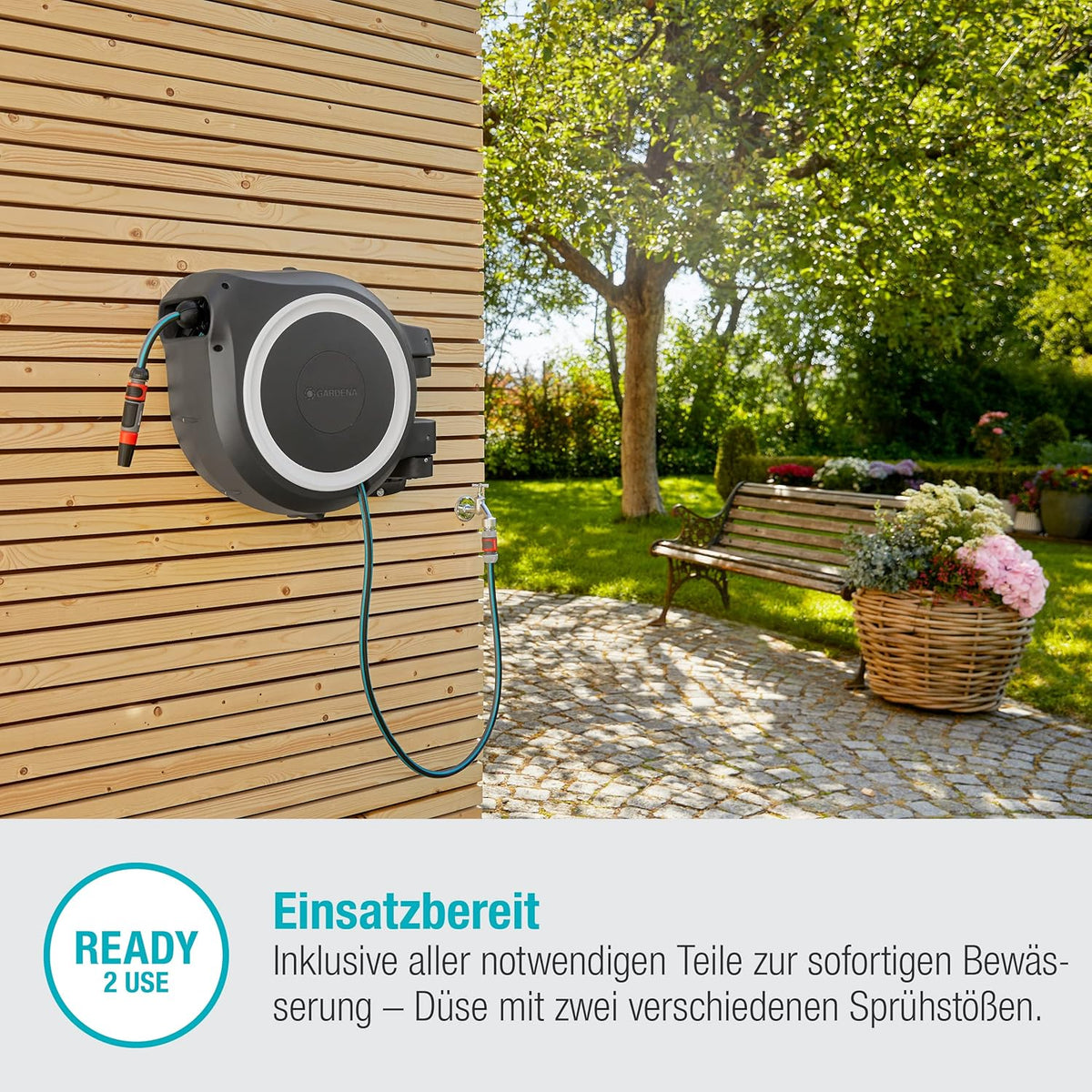 Gardena RollUp M/L Portamangueras de Pared con Manguera de 25 m, Blanco y Gris