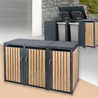 ML-Design Cubre Contenedores Triple 3 x 240 L en Acero, Antracita Efecto Madera, con Cerradura