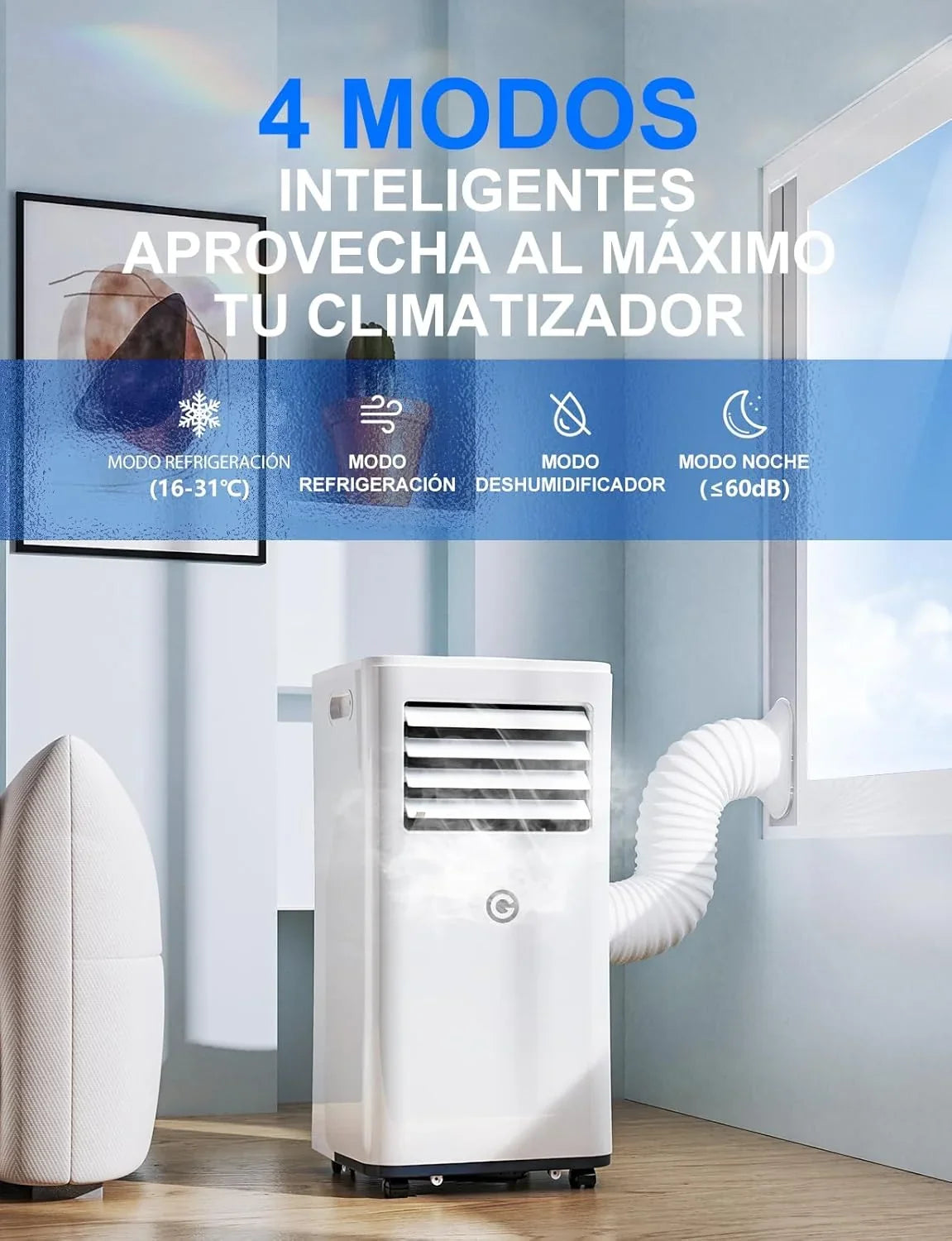 Aire Acondicionado Portátil 9000 BTU 4 en 1 con Mando, Temporizador 24 h y Kit de Ventana