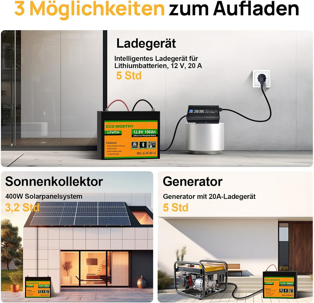 ECO-WORTHY Batería LiFePO4 12 V 100 Ah Bluetooth con BMS 100 A y Protección Baja Temperatura