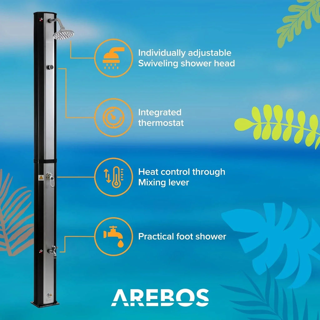 Arebos Ducha Solar 35 L de 216 cm con Termómetro y Lavapiés, Negra
