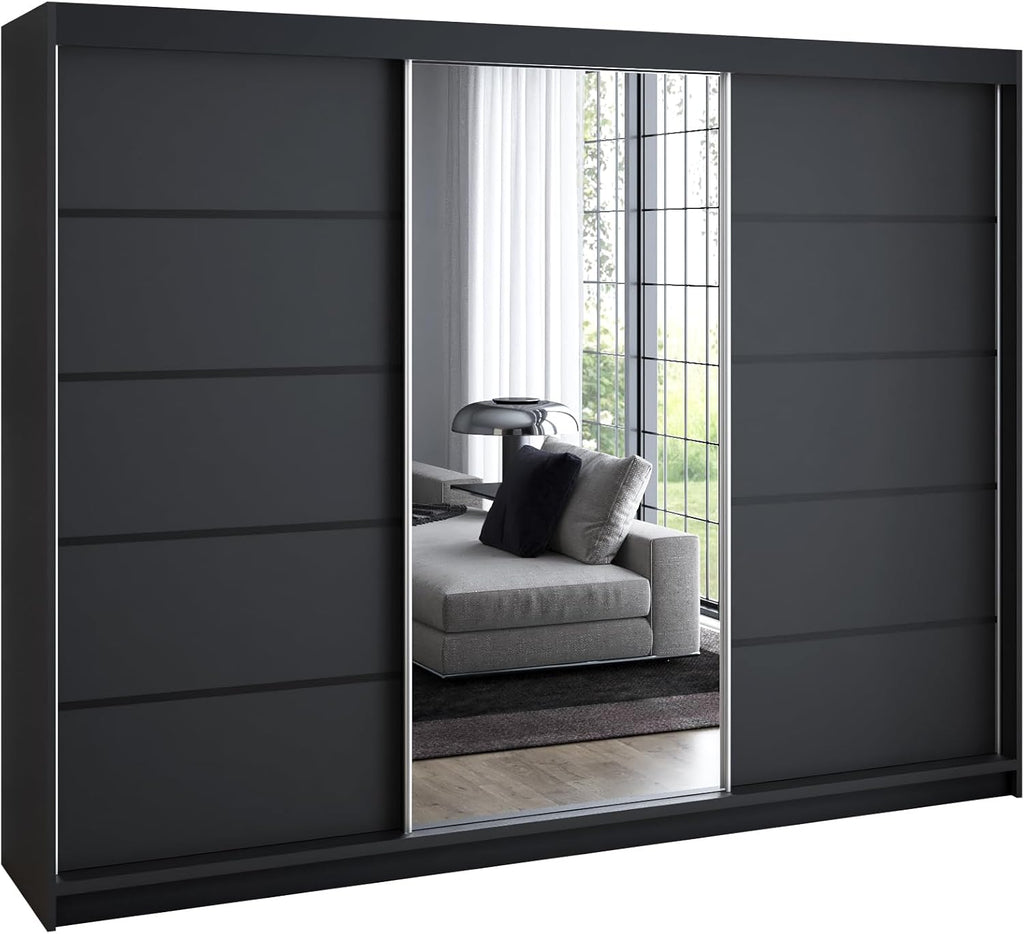 A&J MöbelLand VILUNO 2 Armario de Puertas Correderas 200 cm con Espejo y 4 Cajones, Negro