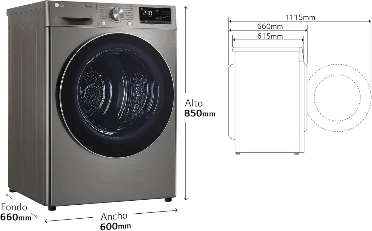 RH90V9PV2N Secadora con Bomba de Calor 9 kg Dual Inverter, Serie 900, Inox Antihuellas, Clase C