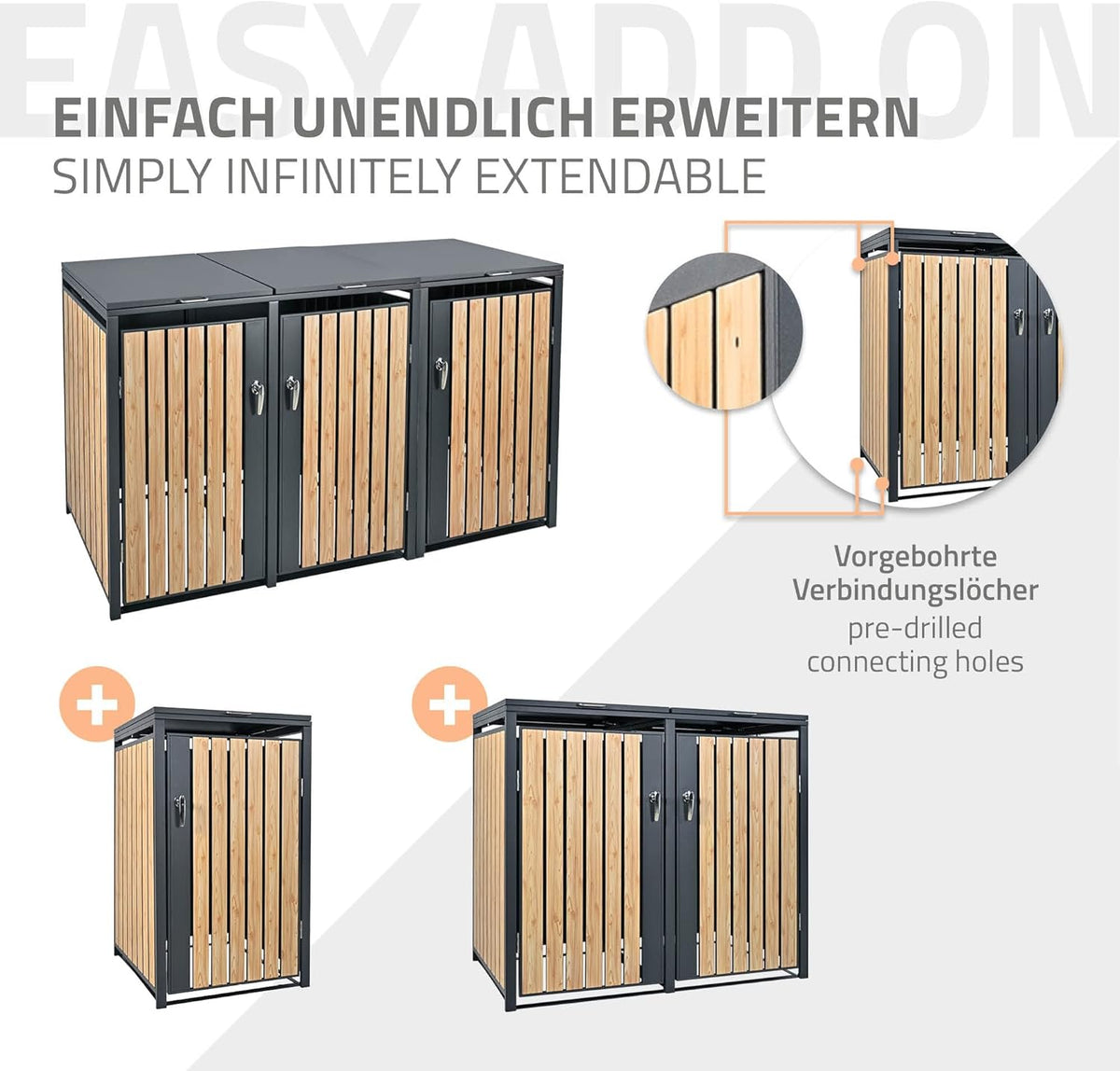 ML-Design Cubre Contenedores Triple 3 x 240 L en Acero, Antracita Efecto Madera, con Cerradura