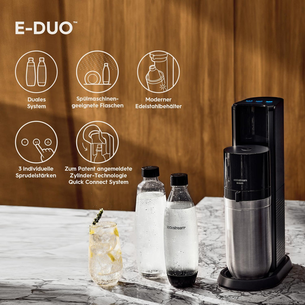 SodaStream E-DUO Máquina de Agua con Gas Eléctrica con Cilindro CO2 y 3 Botellas, Titanio