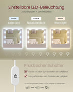 VASAGLE Kailyn Tocador con Espejo LED, 9 Cajones, Regleta de Enchufes y USB, Blanco Nube