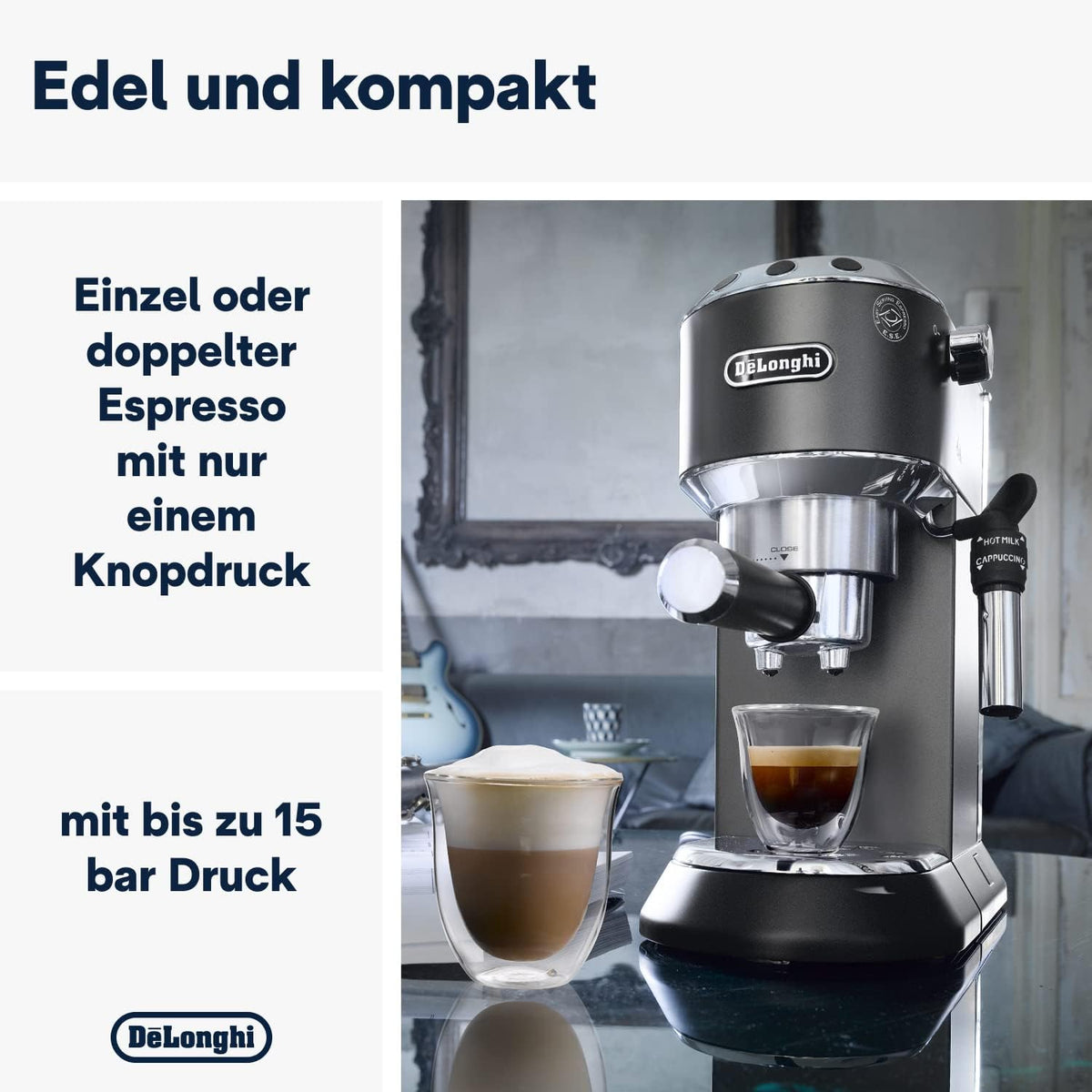 De'Longhi Dedica Style EC 685.M Cafetera Espresso de Brazo con Vaporizador, 15 cm, Plata - imagen 5