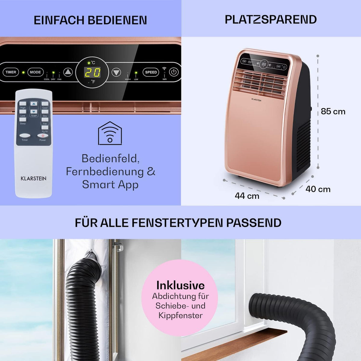 Klarstein Aire Acondicionado Portátil 4 en 1 con Control por App, hasta 12000 BTU
