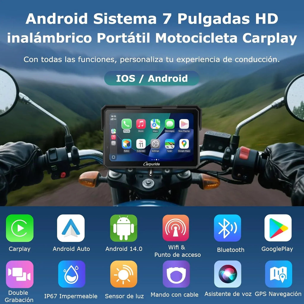 Carpuride W702 Plus Pantalla CarPlay para Moto 7" Android, CarPlay y Android Auto Inalámbricos, Doble Cámara