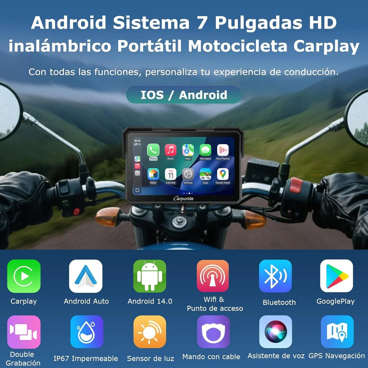 Carpuride W702 Plus Pantalla CarPlay para Moto 7" Android, CarPlay y Android Auto Inalámbricos, Doble Cámara