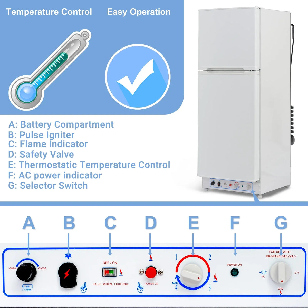 Frigorífico de Gas Propano y 110 V 266 L (9,4 pies³) con Congelador para Autocaravana
