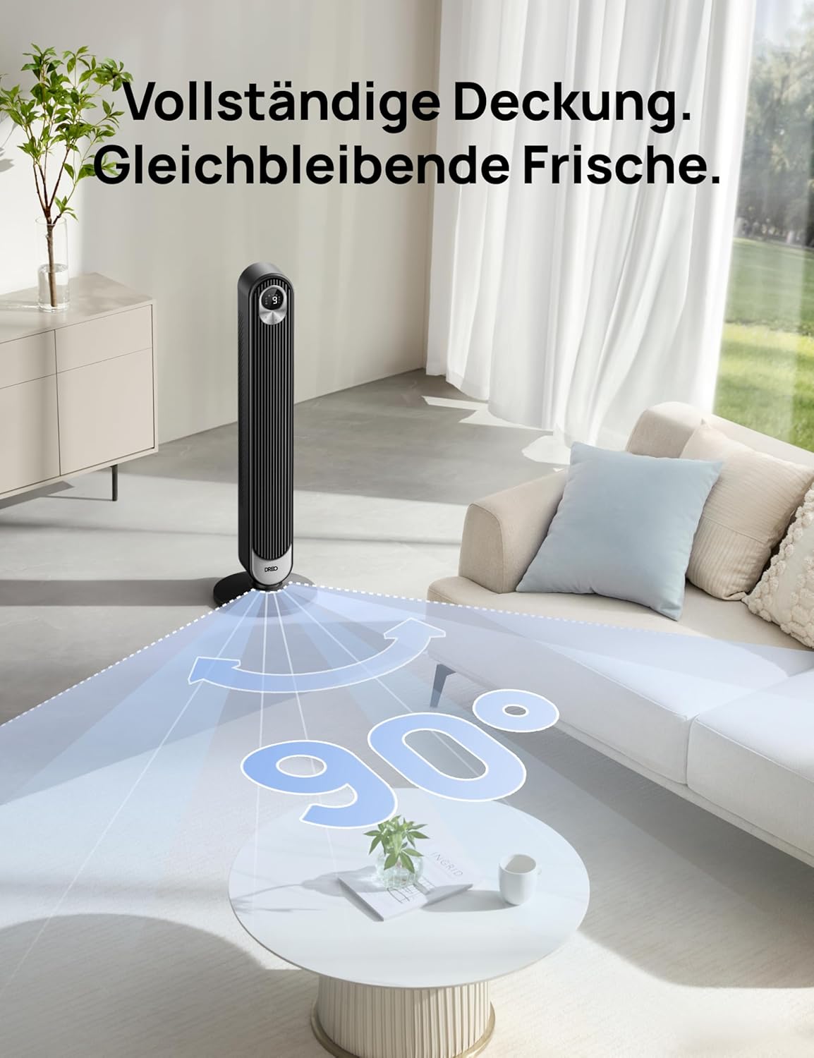 DREO Ventilador de Torre Silencioso Motor DC, 9 Velocidades, 4 Modos, Oscilación 90°, Mando