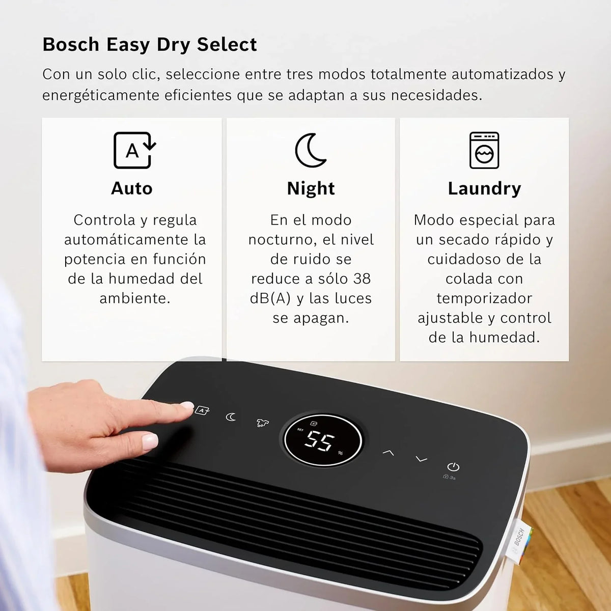 Bosch Dry 4000 Deshumidificador Silencioso 16 L/día hasta 33 m², Depósito 2,5 L, Modo Ropa
