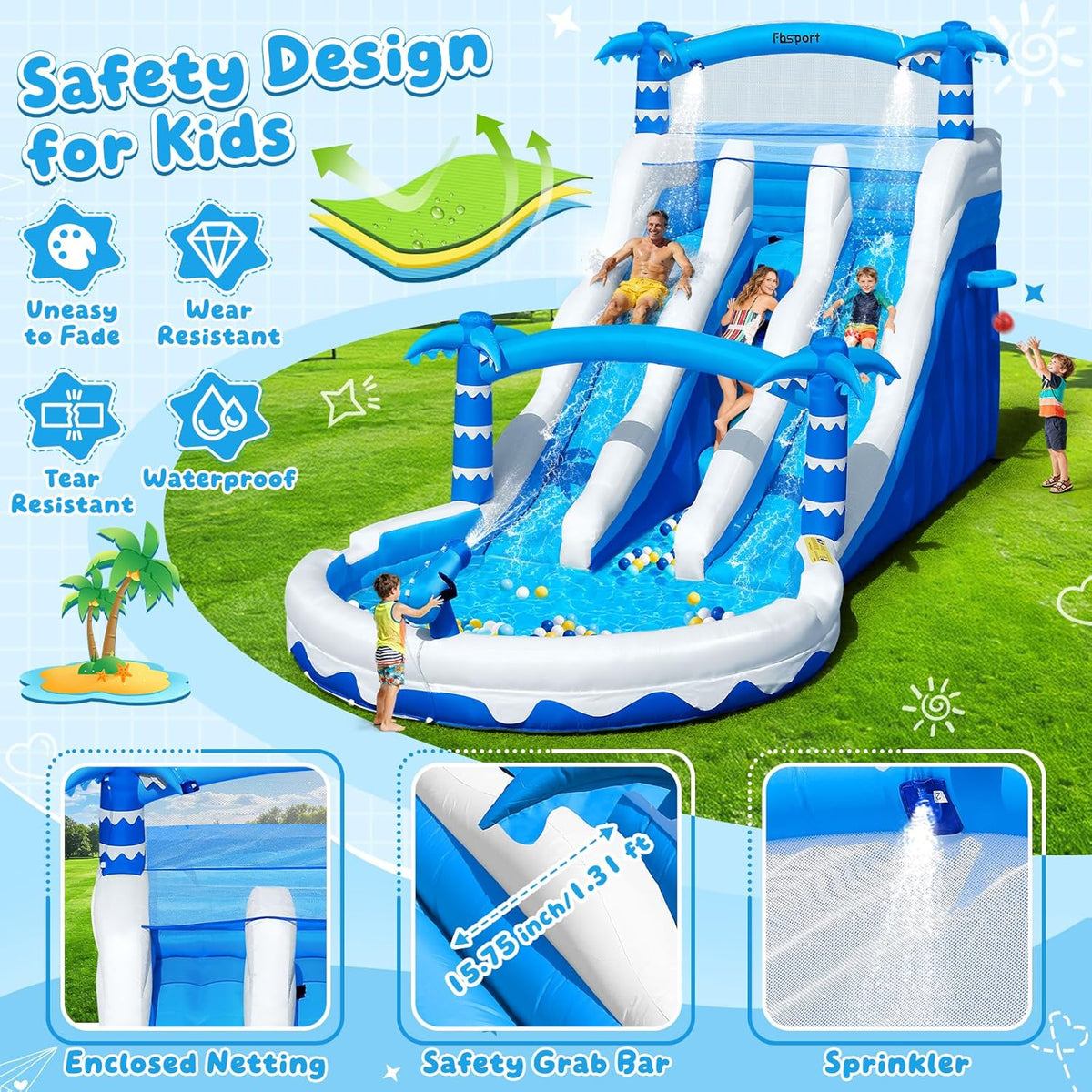 Castillo Hinchable XXL con 2 Toboganes de Agua, Piscina y Rocódromo, 630 x 290 x 285 cm