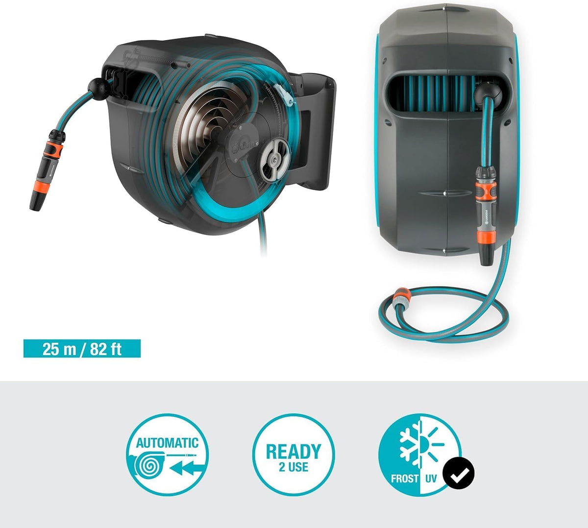 Gardena RollUp M/L Portamangueras de Pared con Manguera de 25 m, Giratorio, Turquesa