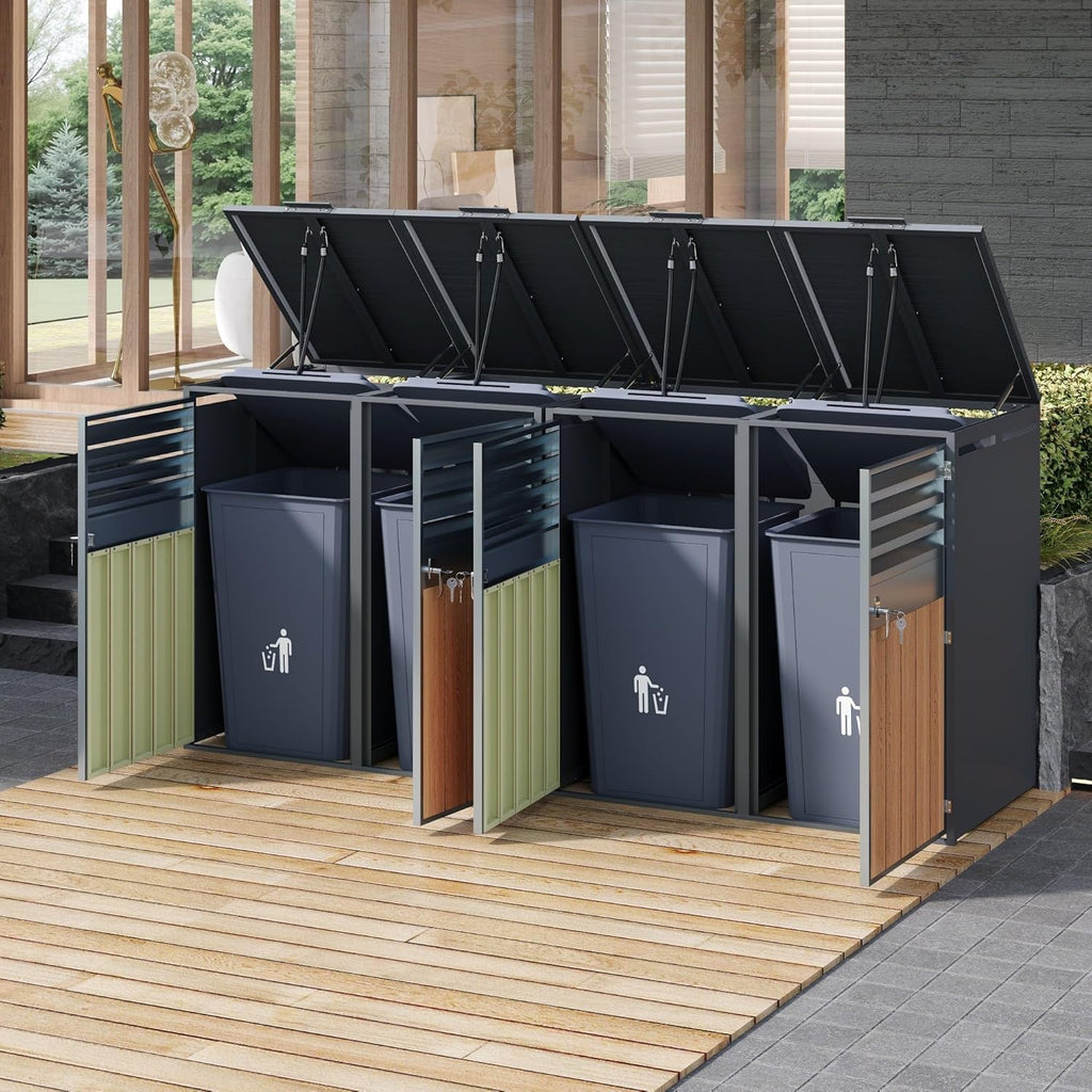 Cubre Contenedores Cuádruple para 4 Cubos de 240 L con Tapa Hidráulica y Cerradura, Gris Efecto Madera