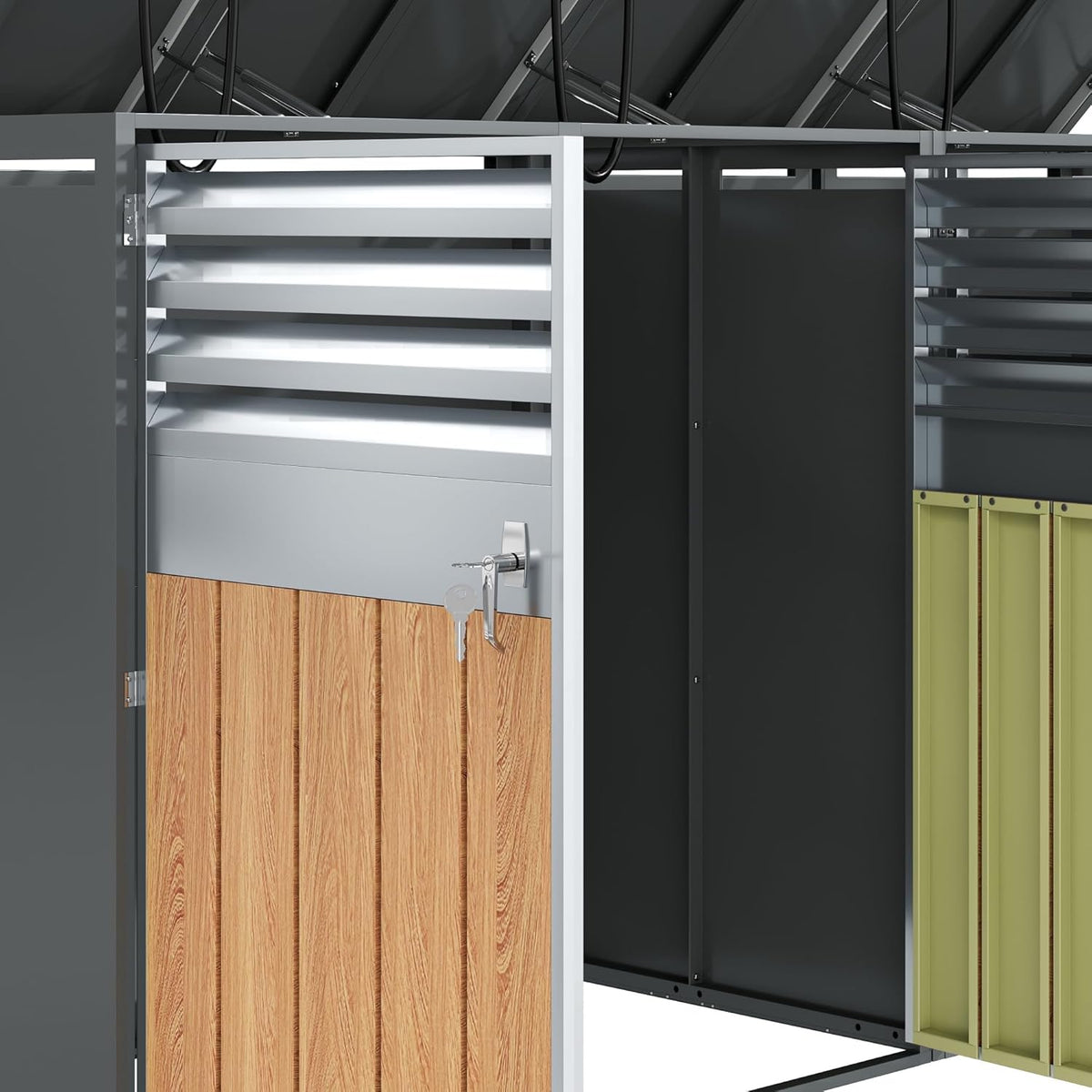 Cubre Contenedores Cuádruple para 4 Cubos de 240 L con Tapa Hidráulica y Cerradura, Gris Efecto Madera