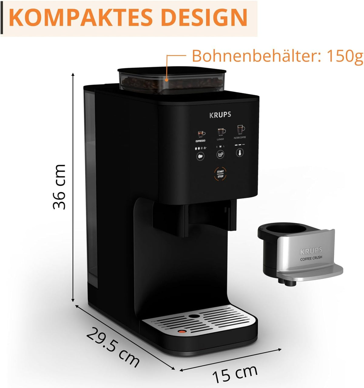 Krups Coffee Crush Extra SA4028E0 Cafetera Superautomática de Solo 15 cm con Molinillo de Acero
