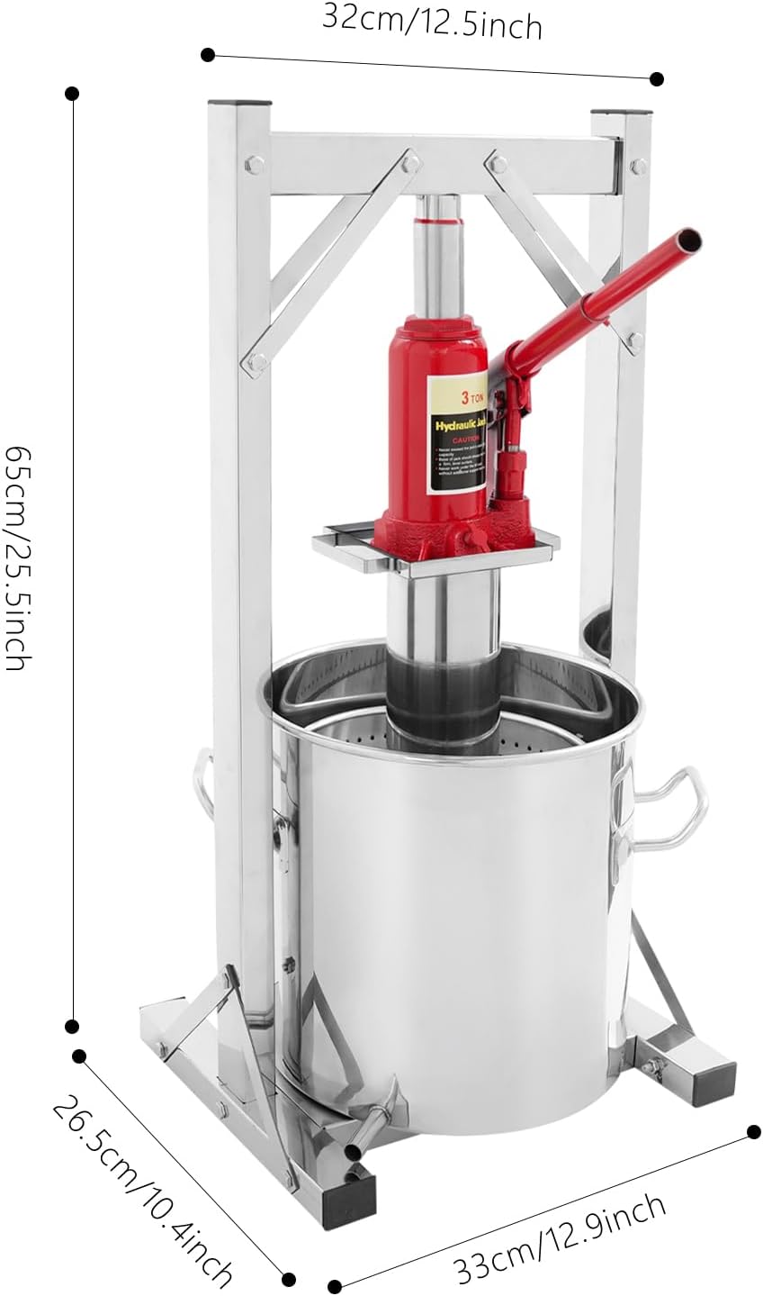 Prensa de Frutas Hidráulica 12 L de Acero Inoxidable 304 con Gato de 3 Toneladas