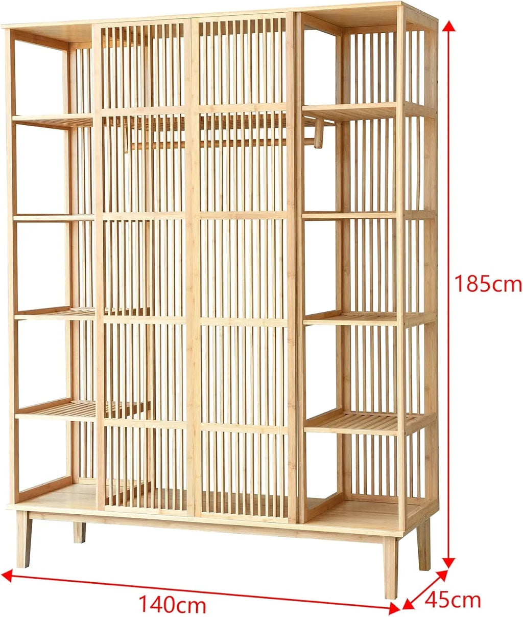 [en.casa] Armario de Bambú con 2 Puertas Correderas, 12 Estantes y Barra 185 x 140 x 45 cm Natural