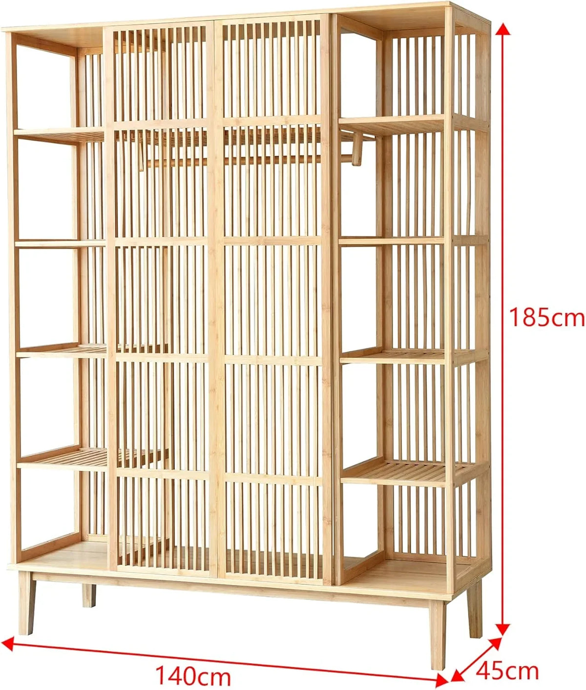 [en.casa] Armario de Bambú con 2 Puertas Correderas, 12 Estantes y Barra 185 x 140 x 45 cm Natural