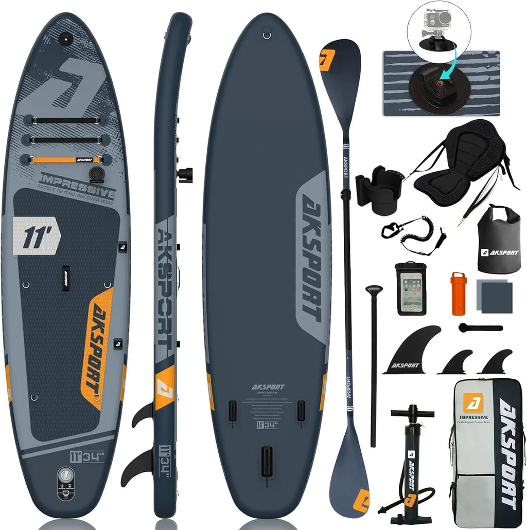AKSPORT Tabla de Paddle Surf Hinchable 335 cm Extra Ancha con Todos los Accesorios y Asiento de Kayak