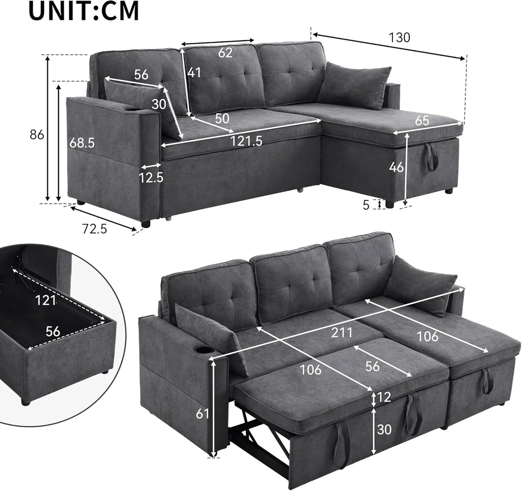 Sofá Cama Chaise Longue 3 Plazas Reversible con Portavasos y Bolsillos Laterales, Gris