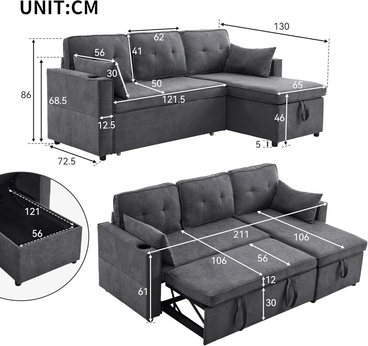 Sofá Cama Chaise Longue 3 Plazas Reversible con Portavasos y Bolsillos Laterales, Gris