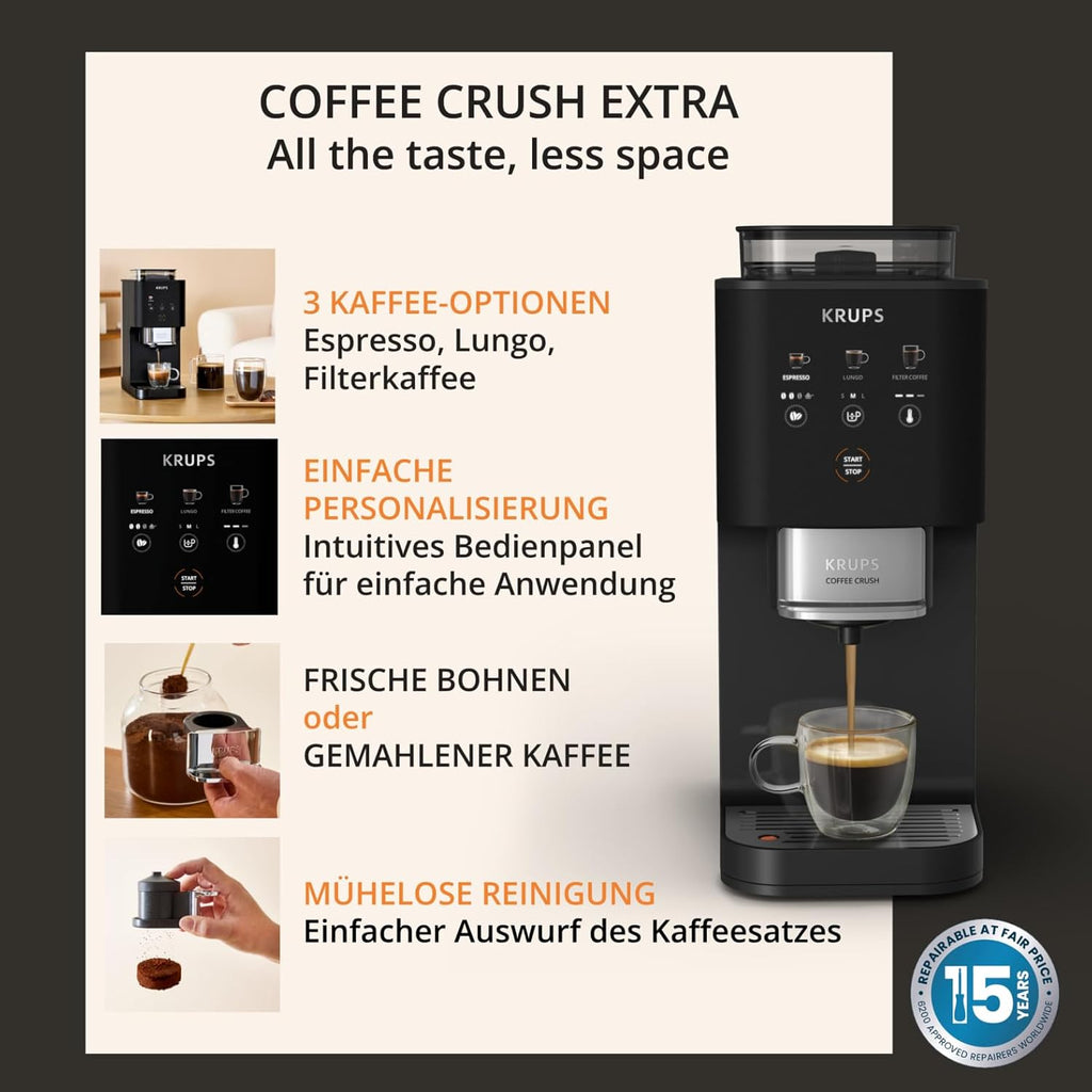 Krups Coffee Crush Extra SA4028E0 Cafetera Superautomática de Solo 15 cm con Molinillo de Acero