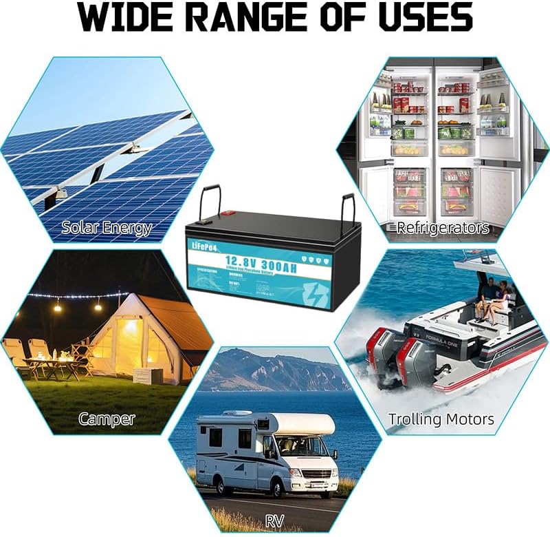 Batería de Litio LiFePO4 12 V 300 Ah con BMS 300 A para Camping, Solar y Emergencias