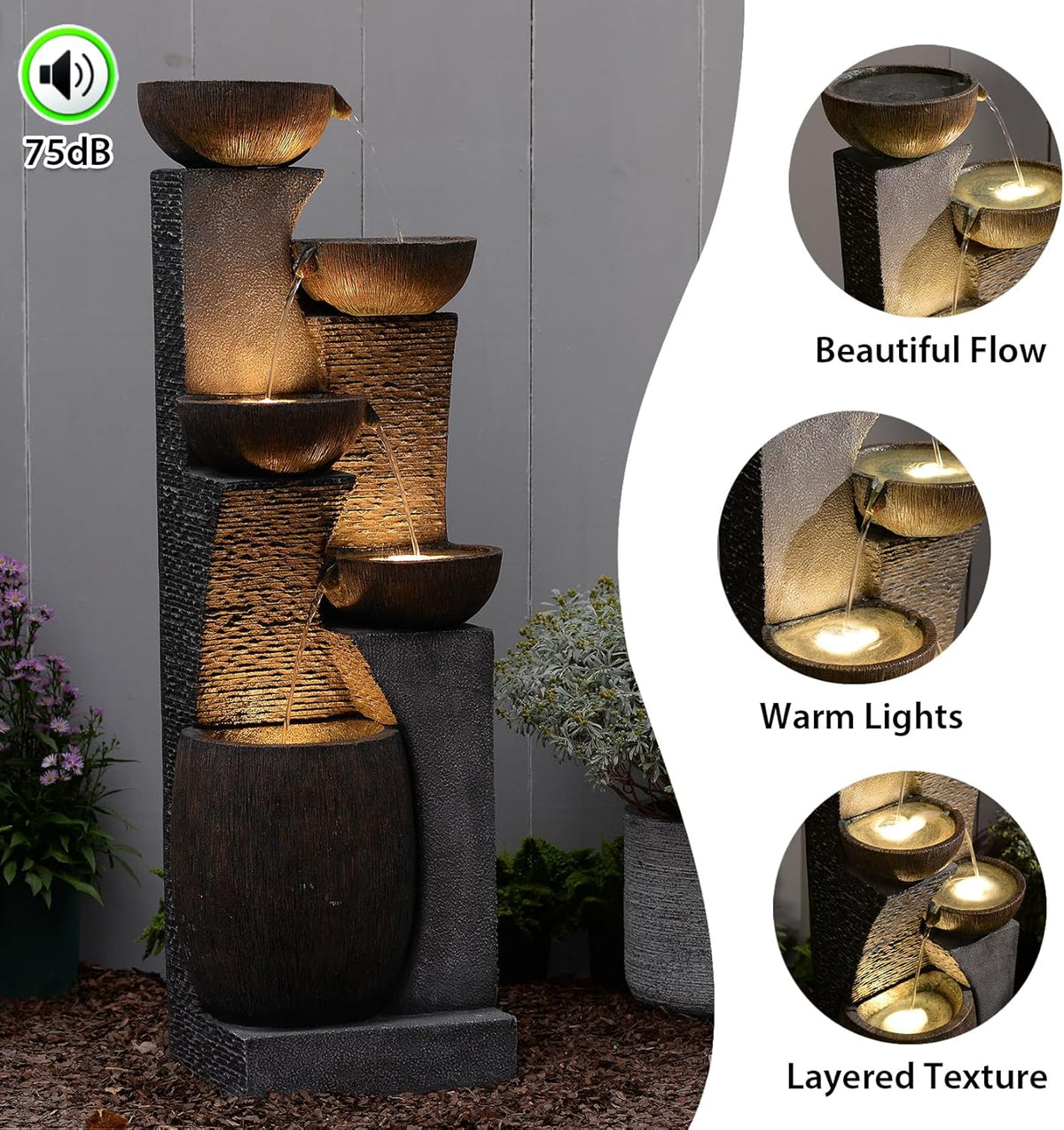 Bumilgar Fuente de Jardín Grande con Cascada de 5 Niveles y Luz LED, 134 cm