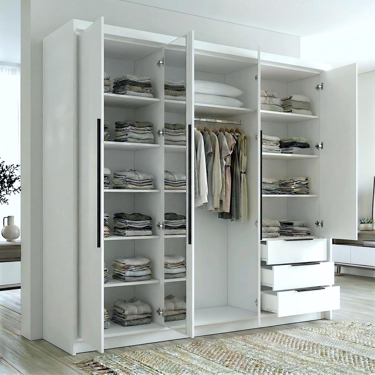 A&J MöbelLand VIVO Armario 4 Puertas con Espejo y Cajones 200 x 215 cm, Blanco