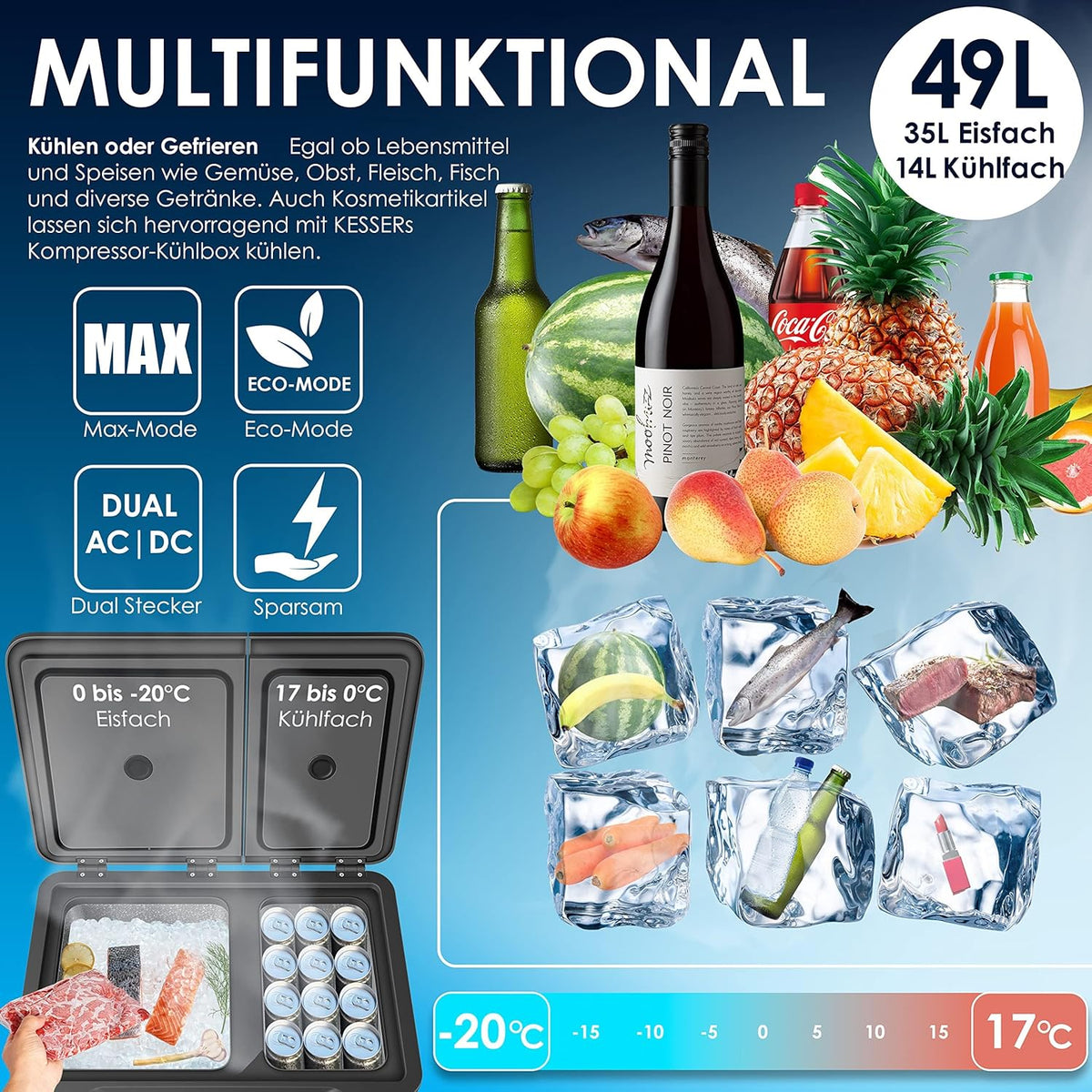 KESSER Nevera Portátil de Compresor Doble Zona hasta -20 °C con Pantalla Táctil, 12/24 V y 230 V