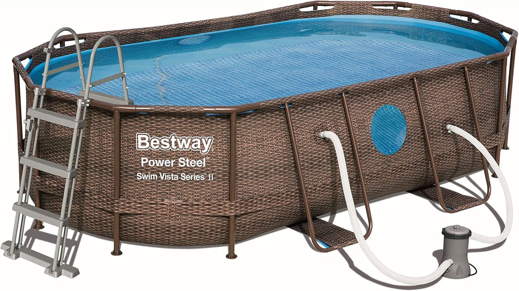 Bestway Power Steel Piscina Desmontable Tubular 427 x 250 x 100 cm con Depuradora, Diseño Ratán