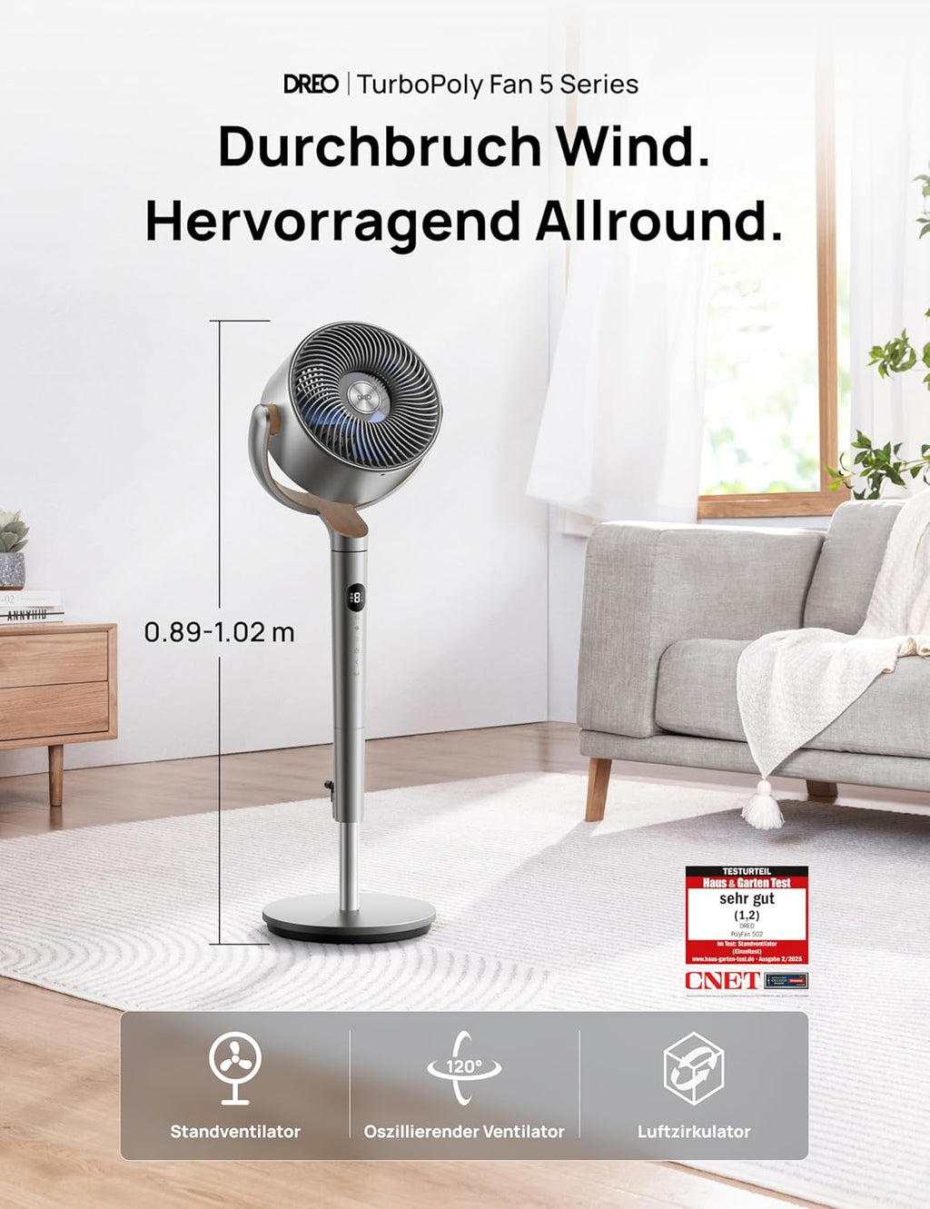 Dreo PolyFan Ventilador de Pie Silencioso 20 dB, Oscilación 120° + 120°, 1200 m³/h, 102 cm