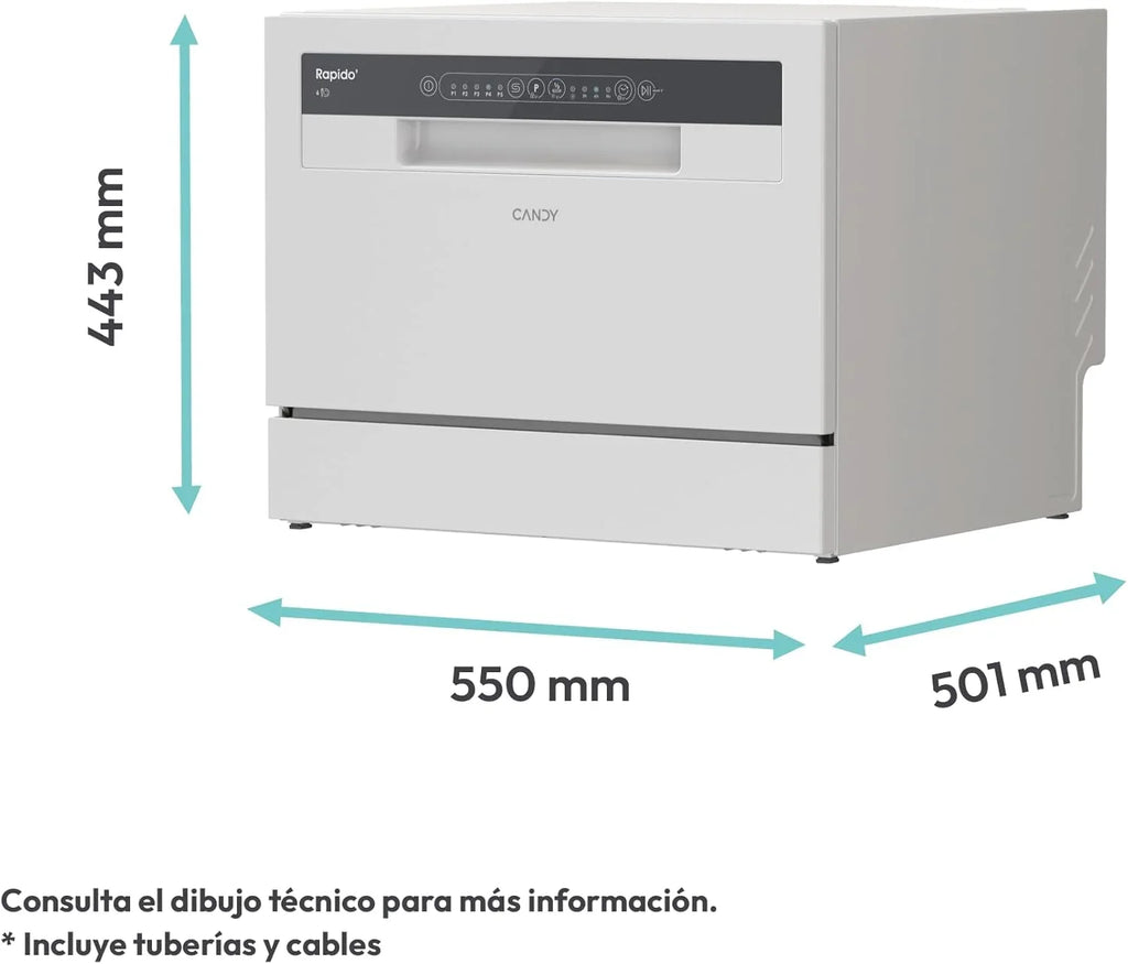 Candy CP 6E51LW Lavavajillas Compacto de Encimera 6 Servicios, 5 Programas, 51 dB, Blanco
